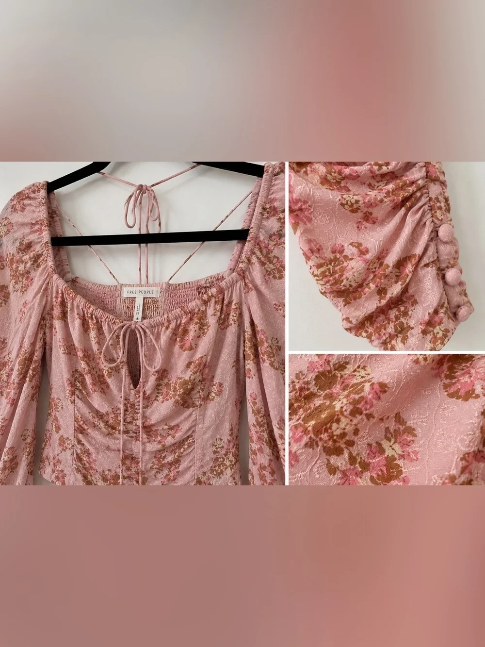 NWT Free People Hilary Pink Floral Smocked Crop Top Blouse Small